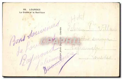 La Grotte Bénie — scène de pèlerinage avec statue de Notre-Dame et vue de la Basilique — Édition photo Quazzaït, n°88 — Verso