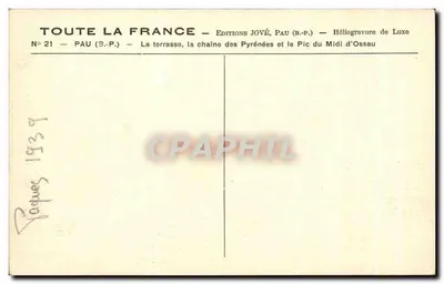 Pau (B.P.) — Taras, łańcuch Pireneusów i Pic du Midi d'Ossau — Wydawnictwo JOVÉ — Rewers