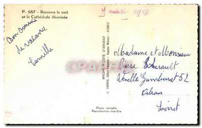 Bayonne de noche — la Catedral iluminada — L. LAVIELLE — Reverso