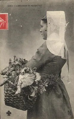 Limousine in Barbichet — Frau in traditioneller Kopfbedeckung mit Gemüsebrett — F.L. Nr. 7