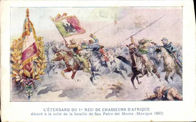 L'Étendard du 1er Régiment de Chasseurs d'Afrique — décoré à la suite de la bataille de San Pablo del Monte (Mexique 1863) — éditeur PICHON