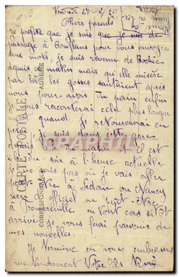 Conflans-Jarny — Rue principal e igreja incendiada pelos Boches em 15 de Agosto de 1914 — Cheché Gugnon - Bouvy, Coiffeur-Tabacs, editor — Verso