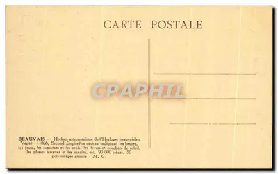 Beauvais — Astronomiczny zegar zegarmistrza beauvaiskiego Vérité — (1866, Druga Rzeczpospolita) ten zegar wskazuje godziny, dni, tygodnie i miesiące, wschody i zachody słońca, fazy księżyca i pływy itp. 90 000 części, 50 ruchomych postaci - M. G. — Rewers