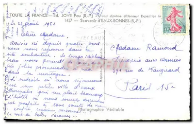Eaux-Bonnes — vista panorâmica e vista da cidade — Éd. JOVE Pau (B.P.) — Verso