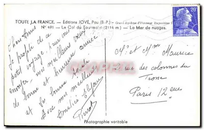 O Col do Tourmalet — A Mar de Nuvens — Éditions JOVÉ, Pau (B.P.) — Verso