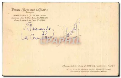 Nossa Senhora de Vichy — Antiga igreja dedicada a São Blásio, capela atual dedicada a São José — Imagerie de Notre Dame, H. Host — Verso