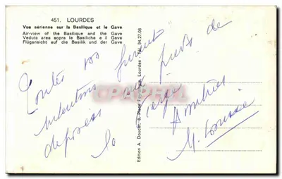 Lourdes — Vista aérea da Basílica e do Gave — Edição A. Doucet, Pièce Peyranelle — Verso