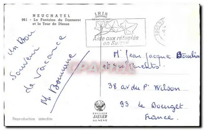 Neuchâtel — Fontanna Danneret i Wieża Diesse — Wydawnictwo Jaeger Genève — Rewers