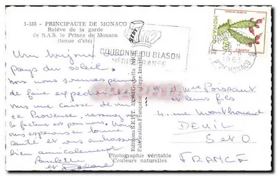 Principat Monako — Relève straży (uniformy letnie) — Wydawnictwo S.E.H.T. 35, rue Corbella — Rewers
