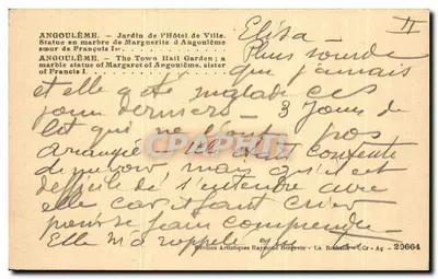 Angoulême — Jardim do Hotel de Ville — Estátua de Marguerite d'Angoulême — Ramuntcho — Verso
