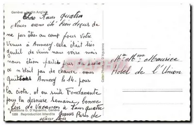 Genebra - Jardim Inglês — Edições G. D'Aguanno, n°1068 — Verso