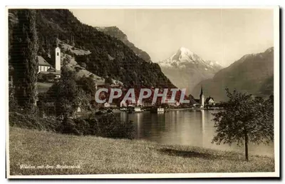 Flüelen com o Bristenstock — vista lacustre com montanha nevada — Kunstverlag E. Goetz, Luzern, n° 2047
