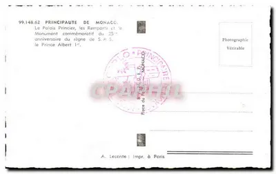 Pałac Książęcy i pomnik upamiętniający — 25. rocznicę panowania S.A.S. Książę Albert I — wydawca A. Leconte, Paryż — Rewers