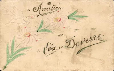 Amicitie — carte décorée de colombes et fleurs — éditeur imprimeur non visible