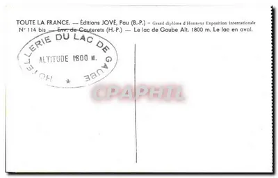 Jezioro Gaube — Wysokość 1800 m — Wydawnictwo JOVÉ, Pau (B.P.) — Rewers