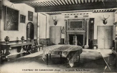 Bilhete postal antigo Castelo de Carrouges A Grande Sala de Jantar