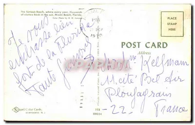 Miami Beach — praia animada sob palmeiras — Koppel Color Cards, n° 88054 — Verso