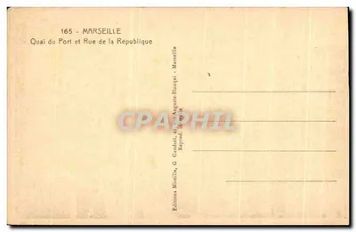 Widok na plac Quai du Port i ulicę République w Marsylu — Wydawca Mireille, nr 165 — Rewers