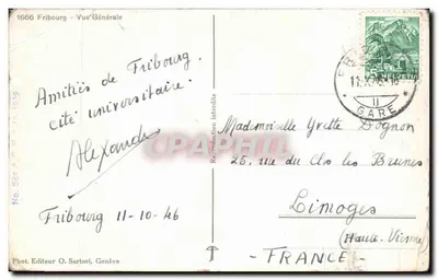 Fribourg — Vue Générale — Éditeur O. Sartori, Genève, n° 564 — Verso