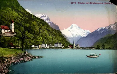 Bilhete postal antigo Fluelen com Bristenstock Suíça