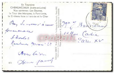 Chenonceaux (Indre-et-Loire) — Vista aérea: Las Douves, la Torre de las Marques, el Puente-Levis y el castillo — Ediciones CREFF, n°405 — Reverso