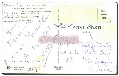 Hotel Carillon — Miami Beach, Florida — Koppel Color Cards, Hawthrone, N.J. — Verso