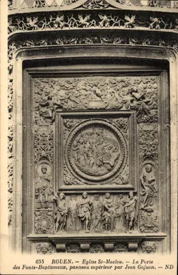 Rouen — Igreja de São Maclou — A Porta dos Fonts Baptismais, painel superior por Jean Gojuon