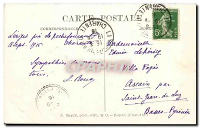 A Cour d'Honneur do Castelo de La Rochefoucauld — Charente — editor F. Braun, n° 1305 — Verso