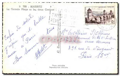 Biarritz — La Grande Plage et les deux Casinos — L. Latielle — Verso
