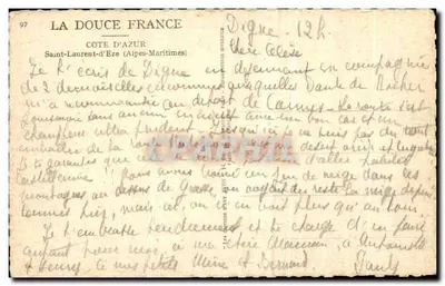 Bilhete postal antigo La Douce France Cote D'Azur Saint Laurent d'Eze — Verso