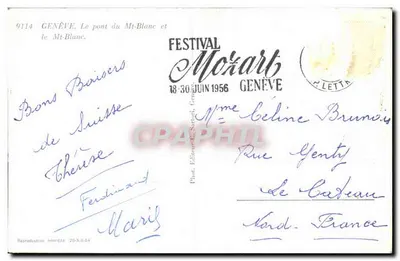 Genebra — Ponte do Mont-Blanc e o Mont-Blanc — Fot. Editor Sarnat, n° 9114 — Verso