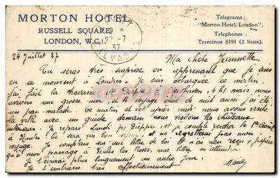Londres — carta postal enviada de Londres para Luiry (Calvados) — Morton Hotel, Russell Square — Verso