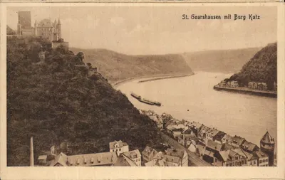 St. Goarshausen com Burg Katz — vista do castelo sobre o Reno — editor M. Brehm, Koblentz