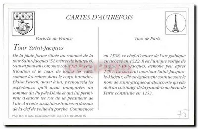 Paris — Torre Saint-Jacques — Rue de Rivoli — Cartas de Outra Época — Verso
