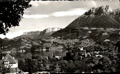 Bilhete postal antigo Lago d'Annecy Duingt Vista geral