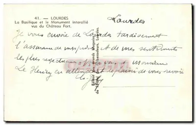 Lourdes — A Basílica e o Monumento Interalliado vistos do Castelo Forte — Edição dos Grandes Magazines de Lourdes — Verso