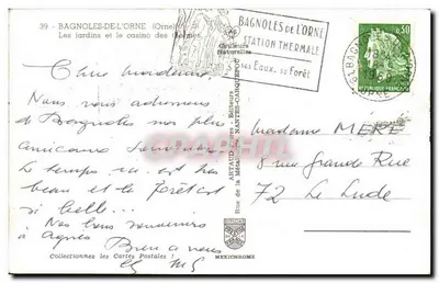 Bagnolles-de-l'Orne — I giardini e il casinò dei bagni termali — Editore Artaud Frères, Nantes — Verso