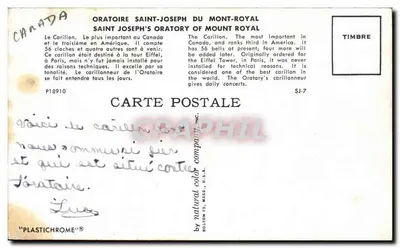 Bilhete postal antigo Oratório Santo José do Mont Royal — Verso