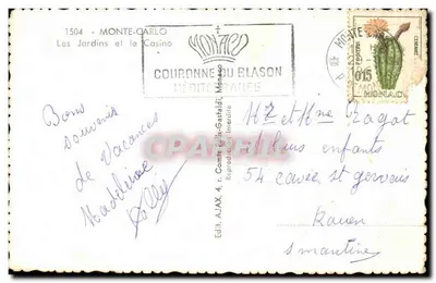 Ogród i Kasyno — Monte-Carlo — Wyd. AJAX, nr 1504 — Rewers