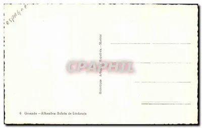 Alhambra — Balcón de Lindaraja — Editor: Heliotípia Española, Madrid — Reverso