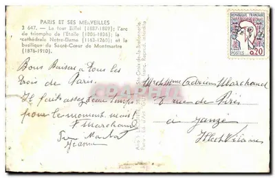 Paris et ses merveilles — vue de la Tour Eiffel, l'Arc de Triomphe, Notre-Dame et le Sacré-Cœur — éditeur GUY, n° 3 647 — Verso