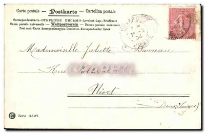 Uśmiechnięta dziewczyna za oknem — wydawca H. Messin, seria 0597 — Rewers