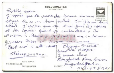 Teignmouth — uitzicht op de promenade, strand en haven — uitgever Colourmaster International — Achterkant