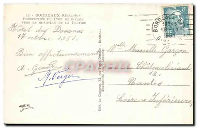 Bordeaux — Perspektywa mostu kamienno-żelaznego w kierunku dzielnicy Bastide — La Cigogne — Rewers