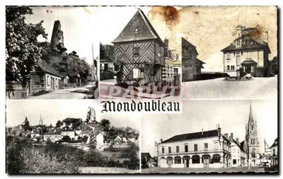 Bilhete postal antigo Mondoubleau O Donjon do Século Casa do Século a Paste Vista Geral A Prefeitura e a Igreja