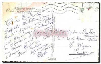 Bilhete postal antigo Mondoubleau O Donjon do Século Casa do Século a Paste Vista Geral A Prefeitura e a Igreja — Verso