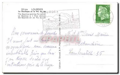 Bilhete postal semimoderno Lourdes A Basílica e o Pic du Jer Moutons — Verso
