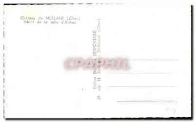 Bilhete postal antigo Castelo de Meillant Motivo da Sala D'Arrnes — Verso