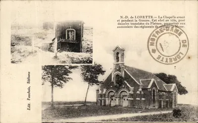 Nossa Senhora de Lorette — Capela antes da guerra — abrigo de aço para missa nas trincheiras