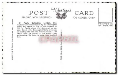 Katedra Świętego Pawła w Londynie — Karta pocztowa na Walentynki — Valentine & Sons, Ltd. n° H 2564 — Rewers